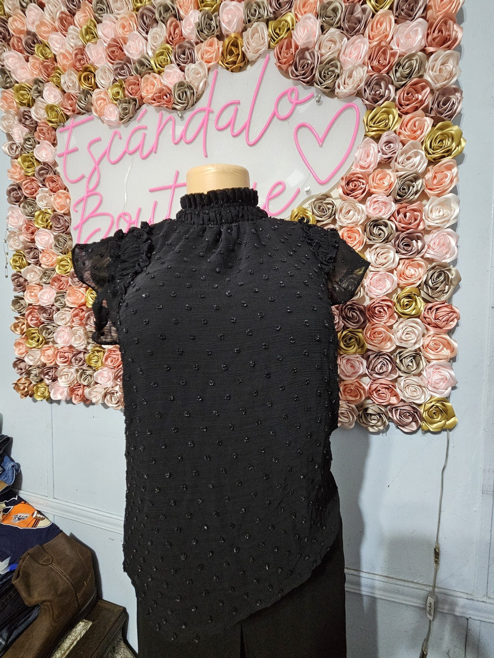 CeCe Black Lightweight Blouse with Sheer Trim